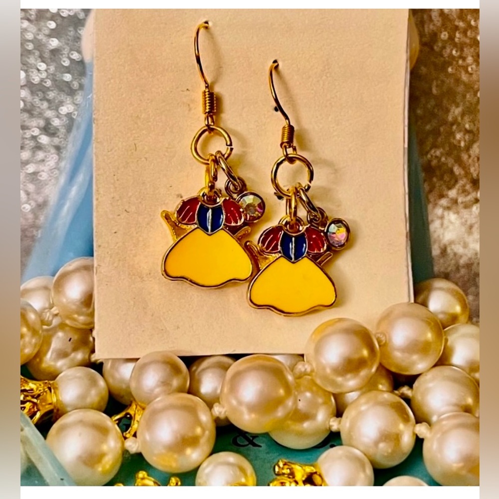 Snow White Princess Handcrafted Enamel & Gold-Plated French Hook Earrings NWT